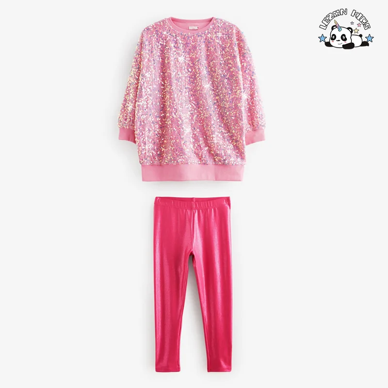 LEZONKIDS - Hot Sale Long Sleeve Pink Sequin Hoodie Style Love Design Girl Party Clothing Set for Teenage Girls Winter Autumn Spring
